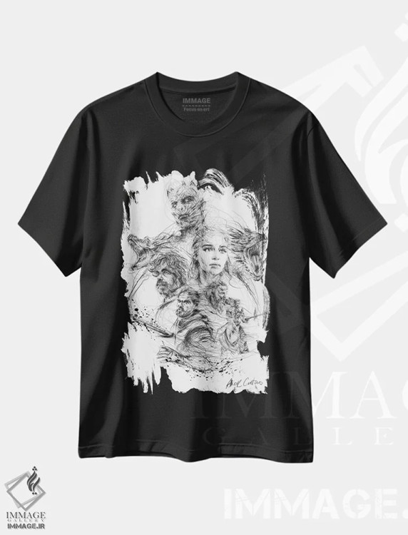 تیشرت مشکی طرح دار گیم آو ترونز، نقاشی و تصویرگری سیاه و سفید اثر ریک سنتنو | immage.ir