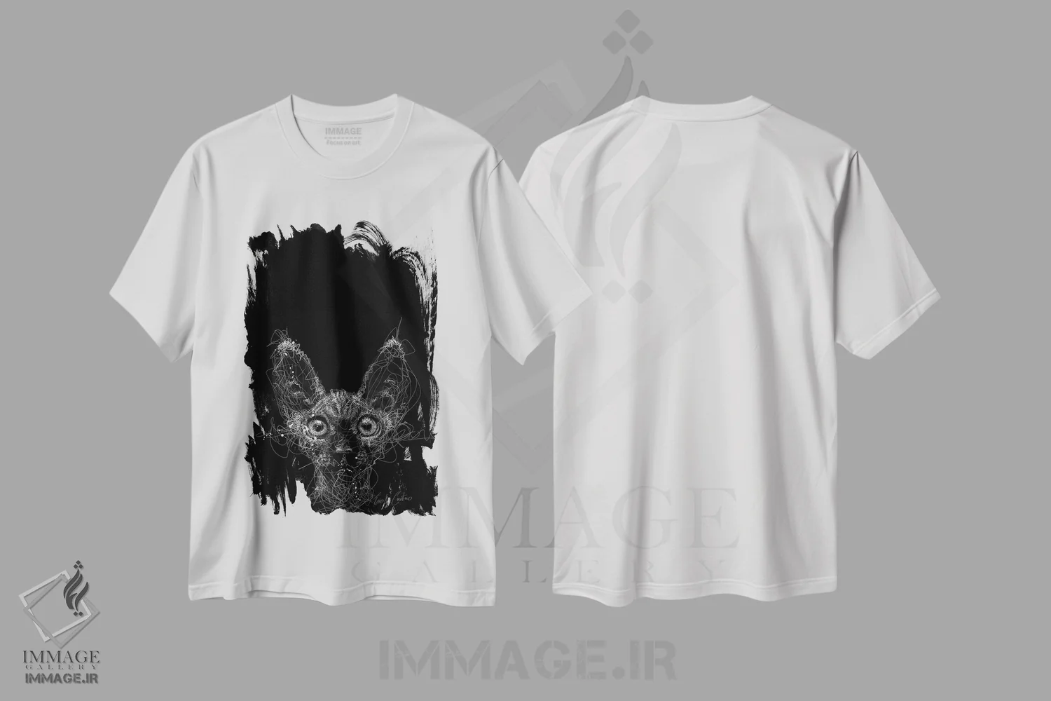 تیشرت سفید طرح دار شب گربه، نقاشی و تصویرگری سیاه و سفید اثر ریک سنتنو | فروشگاه ایماژ