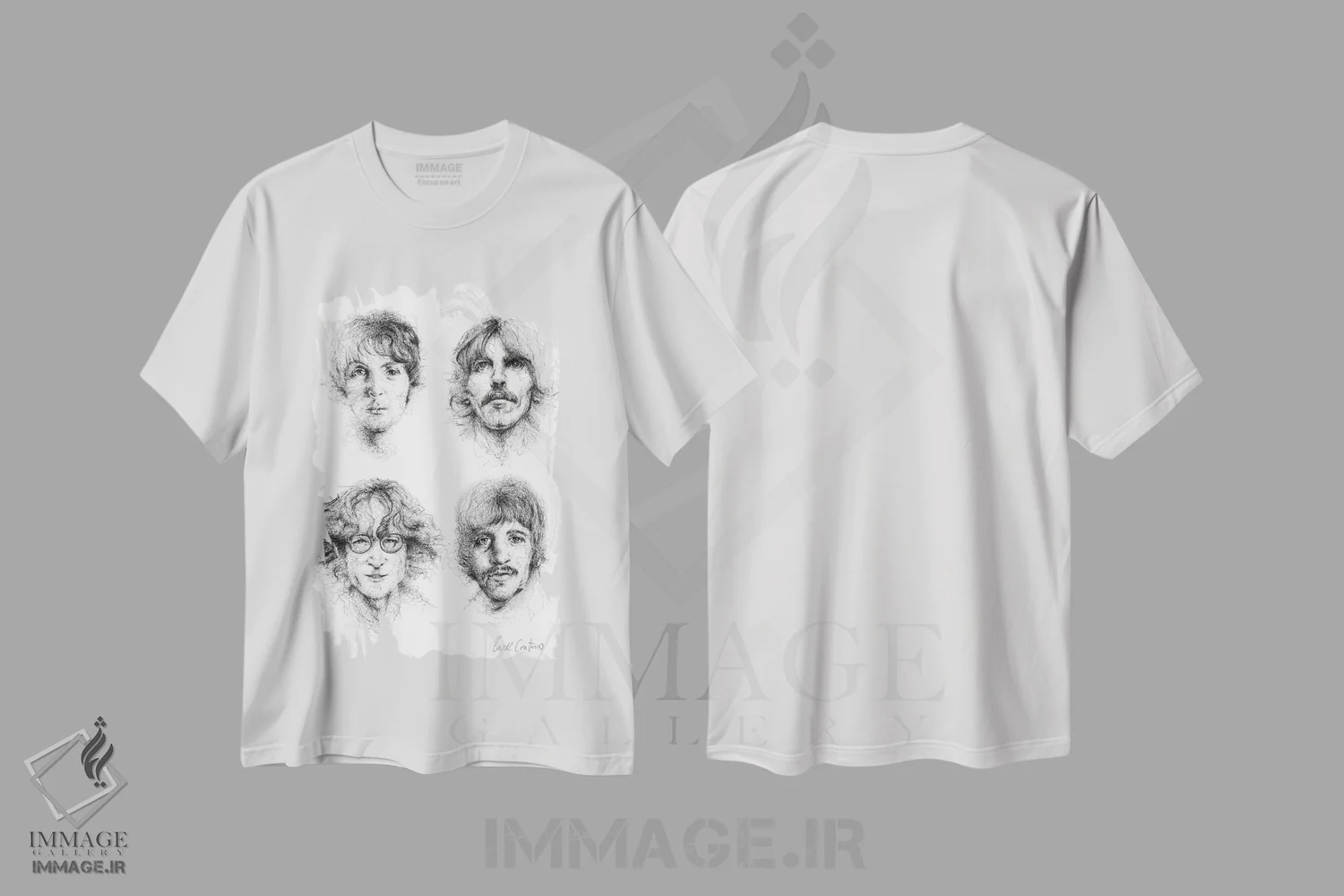 تیشرت سفید طرح دار بیتلز، نقاشی و تصویرگری سیاه و سفید اثر ریک سنتنو | immage.ir