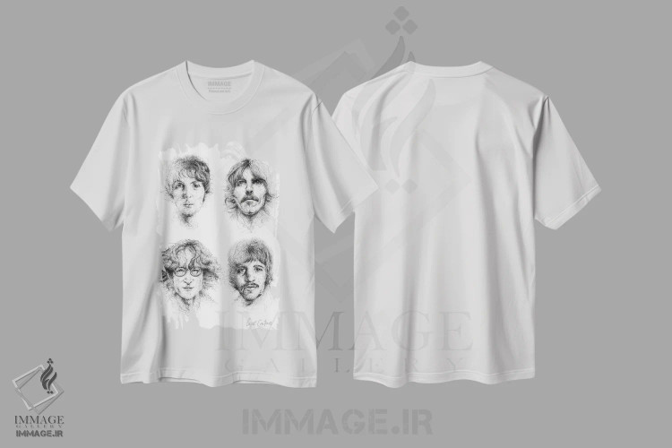 تیشرت سفید طرح دار بیتلز، نقاشی و تصویرگری سیاه و سفید اثر ریک سنتنو | immage.ir