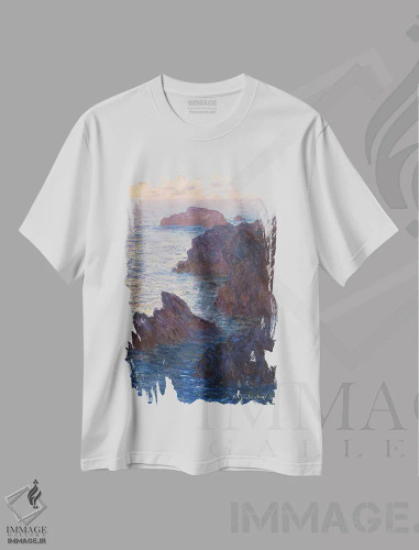 تیشرت سفید طرح دار صخره ها در بل-ایل، پورت-دوموا، ۱۸۸۶، هنر فاخر کلاسیک اثر کلود مونه | فروشگاه ایماژ
