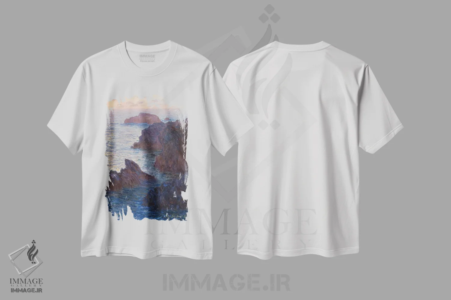 تیشرت سفید طرح دار صخره ها در بل-ایل، پورت-دوموا، ۱۸۸۶، هنر فاخر کلاسیک اثر کلود مونه | فروشگاه ایماژ