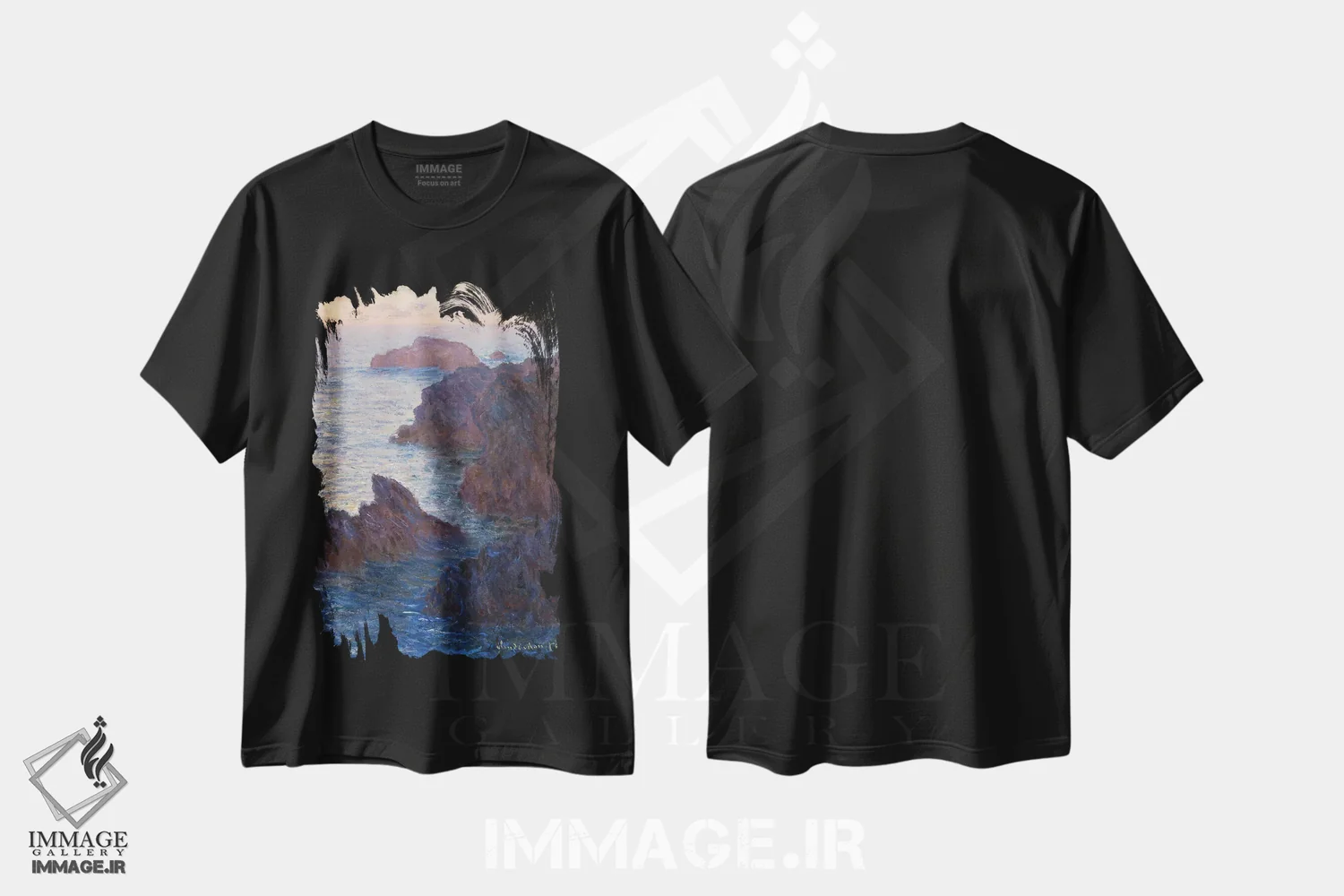 تیشرت مشکی طرح دار صخره ها در بل-ایل، پورت-دوموا، ۱۸۸۶، هنر فاخر کلاسیک اثر کلود مونه | immage.ir