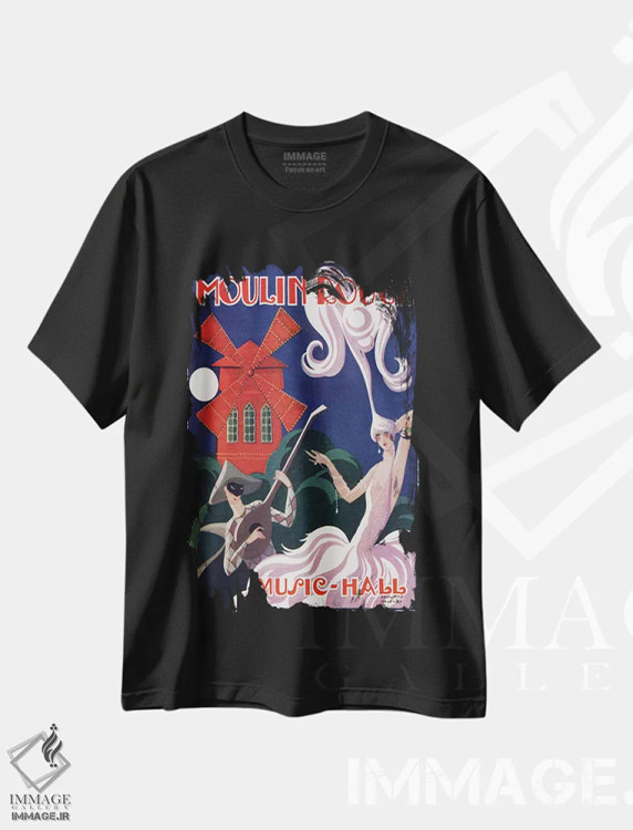 تیشرت مشکی طرح دار آگهی تبلیغاتی تالار موسیقی مولن روژ، دهه ۱۹۲۰، تزئینی اثر ادوارد هالوز | فروشگاه ایماژ
