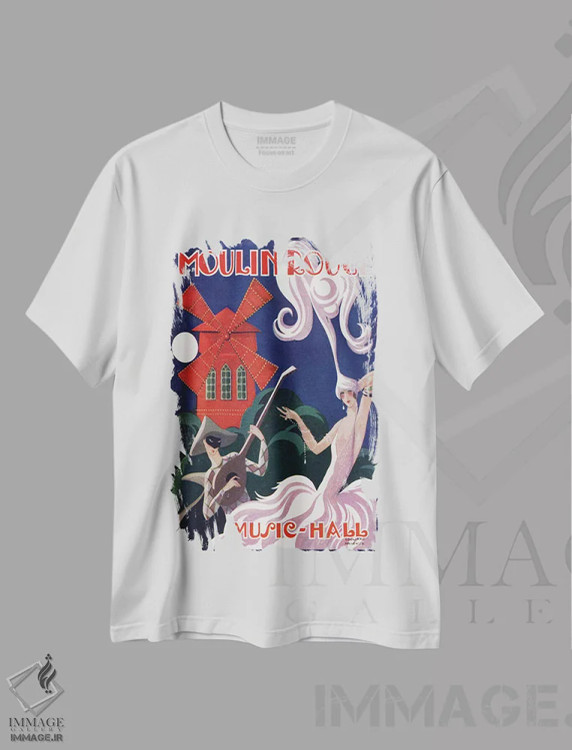تیشرت سفید طرح دار آگهی تبلیغاتی تالار موسیقی مولن روژ، دهه ۱۹۲۰، تزئینی اثر ادوارد هالوز | immage.ir