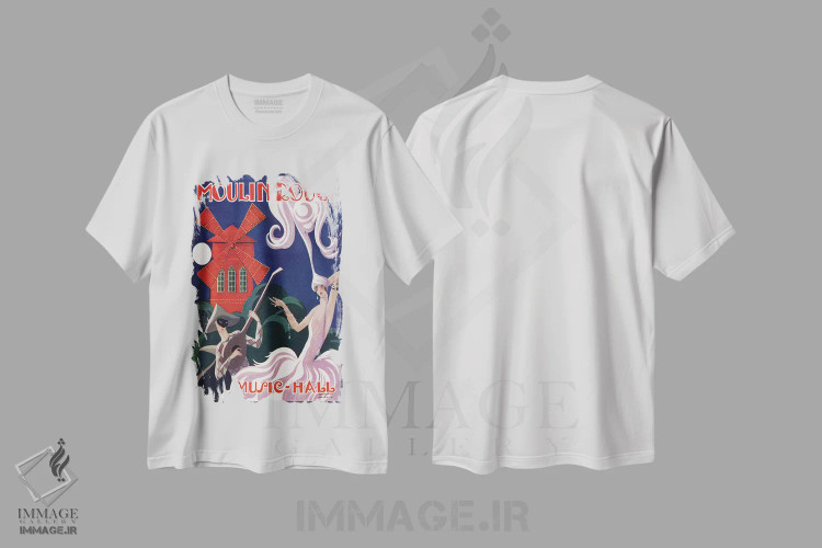 تیشرت سفید طرح دار آگهی تبلیغاتی تالار موسیقی مولن روژ، دهه ۱۹۲۰، تزئینی اثر ادوارد هالوز | immage.ir