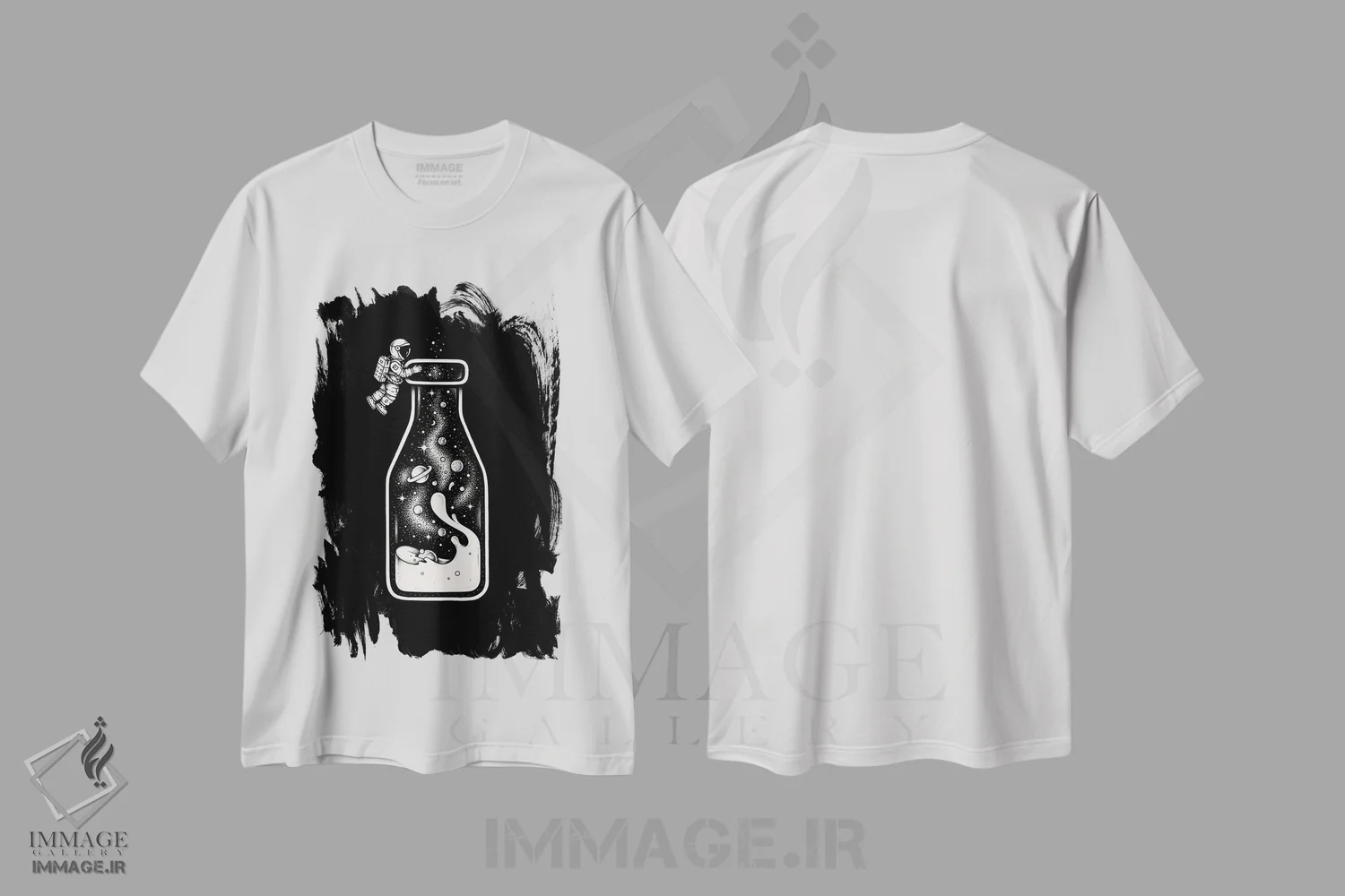 تیشرت سفید طرح دار راه شیری، هنر دیجیتال سیاه و سفید اثر انکل دیکا | فروشگاه ایماژ