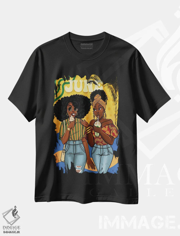 تیشرت مشکی طرح دار ژوئن، هنر آمریکایی آفریقایی تبار اثر استر لا مین دور | فروشگاه ایماژ