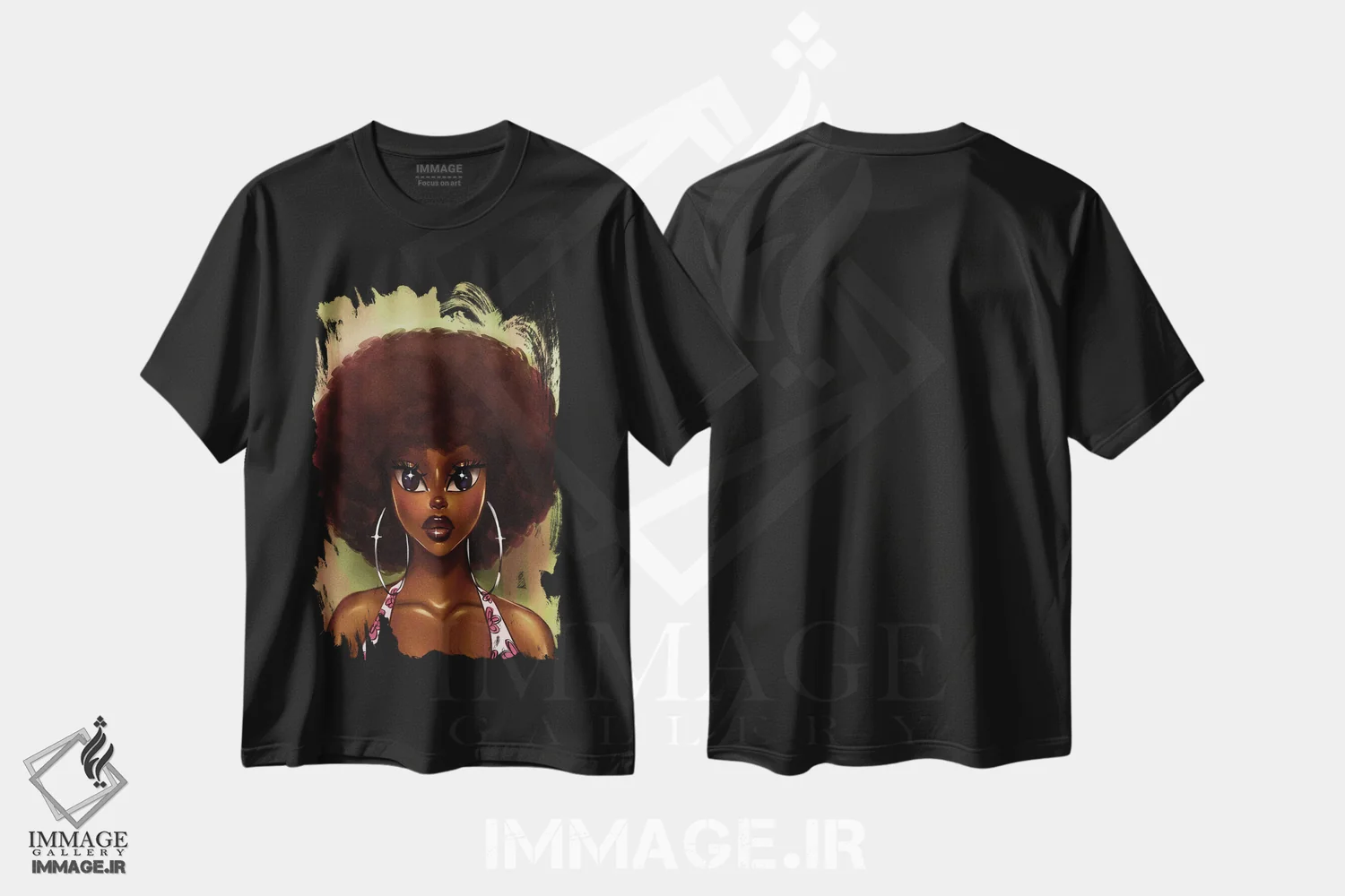 تیشرت مشکی طرح دار دختر سیاه پوست شیرین، هنر آمریکایی آفریقایی تبار اثر استر لا مین دور | فروشگاه ایماژ