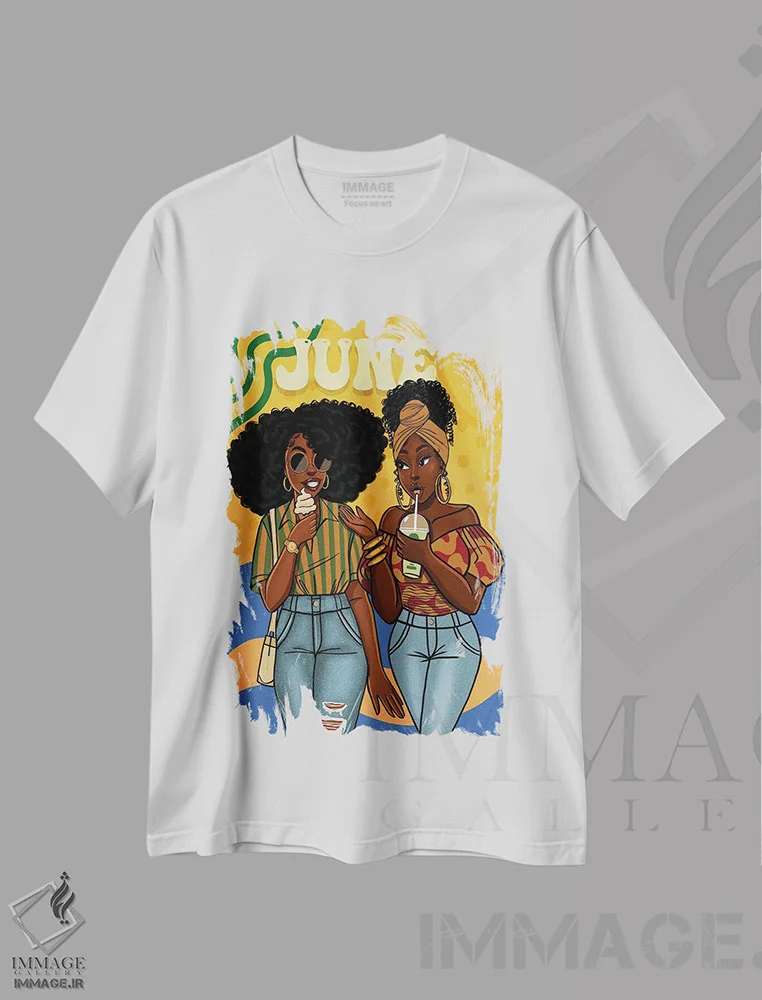 تیشرت سفید طرح دار ژوئن، هنر آمریکایی آفریقایی تبار اثر استر لا مین دور | immage.ir