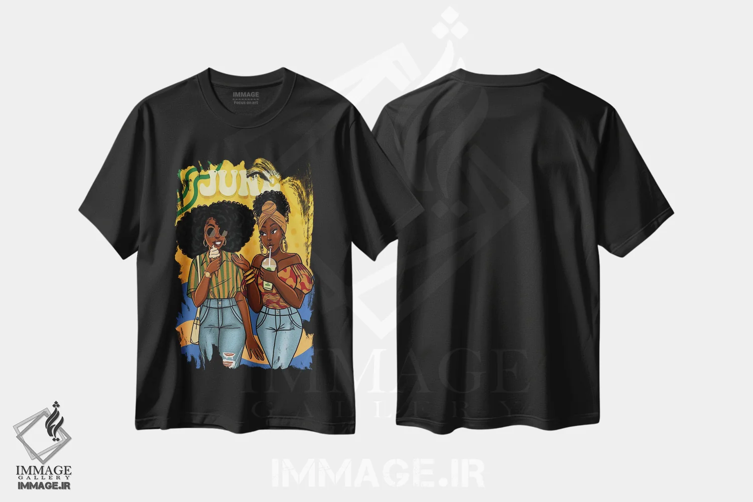 تیشرت مشکی طرح دار ژوئن، هنر آمریکایی آفریقایی تبار اثر استر لا مین دور | فروشگاه ایماژ