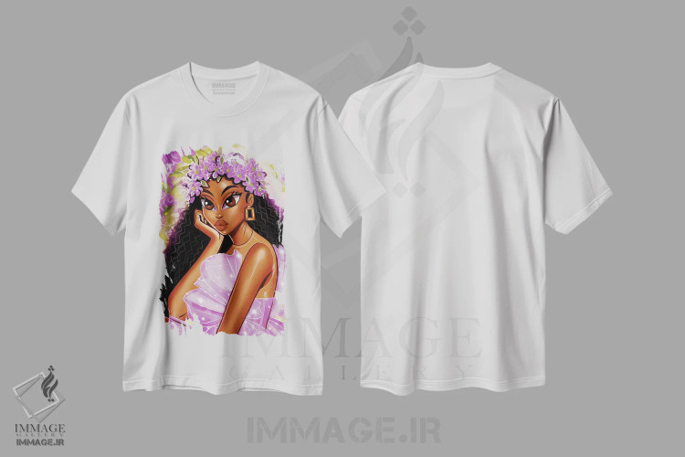تیشرت سفید طرح دار باغ یاس بنفش، هنر آمریکایی آفریقایی تبار اثر استر لا مین دور | فروشگاه ایماژ
