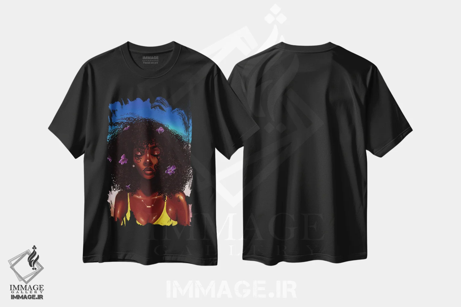 تیشرت مشکی طرح دار بنفش در کنار ملانین، هنر آمریکایی آفریقایی تبار اثر استر لا مین دور | فروشگاه ایماژ