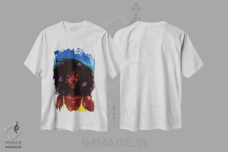 تیشرت سفید طرح دار بنفش در کنار ملانین، هنر آمریکایی آفریقایی تبار اثر استر لا مین دور | immage.ir