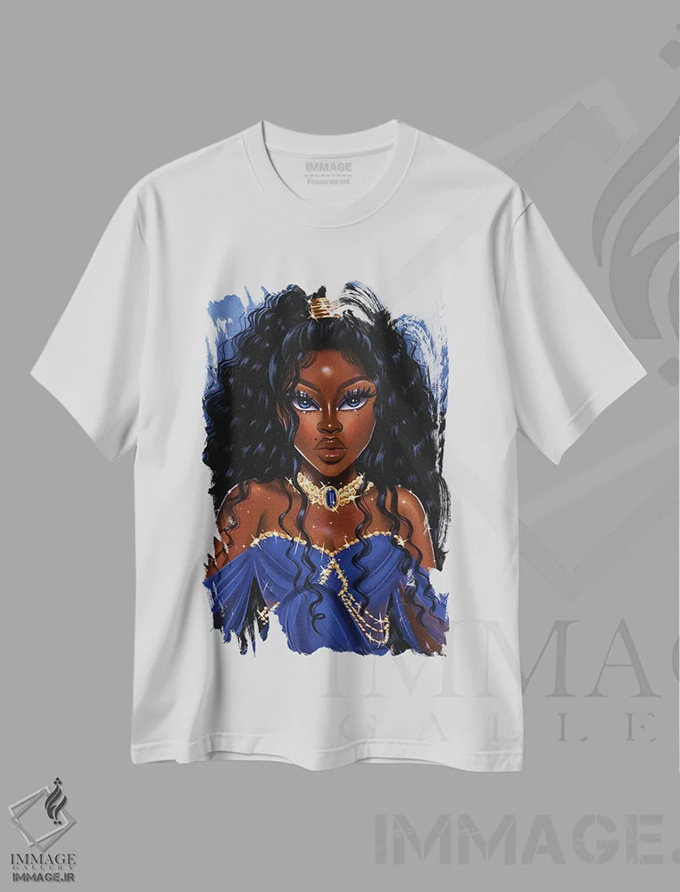تیشرت سفید طرح دار پرنسس آبی، هنر آمریکایی آفریقایی تبار اثر استر لا مین دور | immage.ir