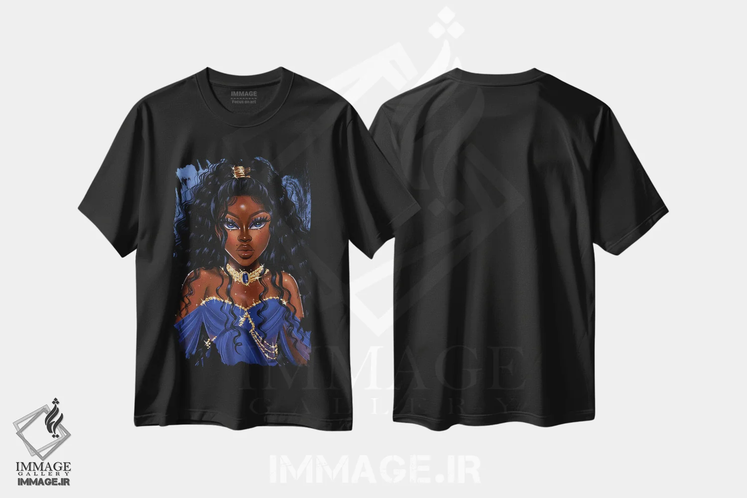 تیشرت مشکی طرح دار پرنسس آبی، هنر آمریکایی آفریقایی تبار اثر استر لا مین دور | فروشگاه ایماژ