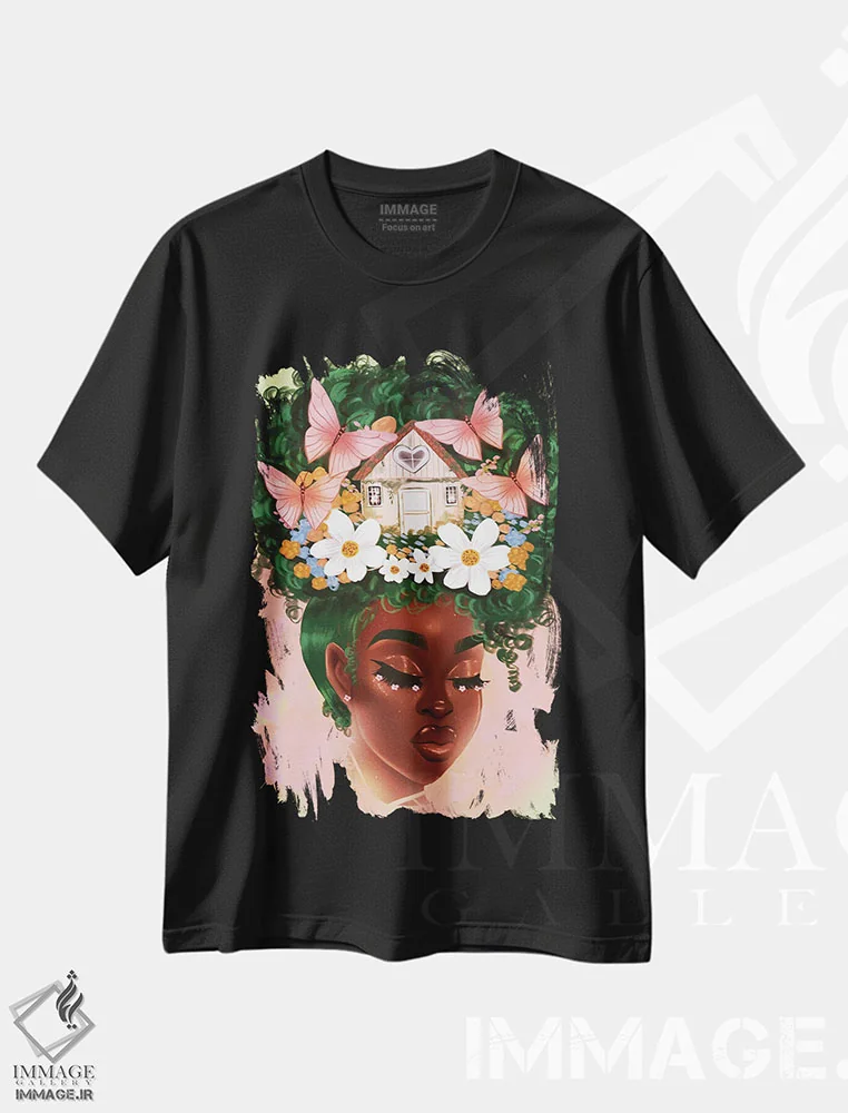تیشرت مشکی طرح دار پناهگاه، هنر آمریکایی آفریقایی تبار اثر استر لا مین دور | فروشگاه ایماژ