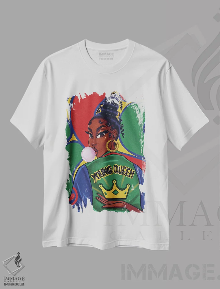تیشرت سفید طرح دار ملکهٔ جوان، هنر آمریکایی آفریقایی تبار اثر استر لا مین دور | فروشگاه ایماژ