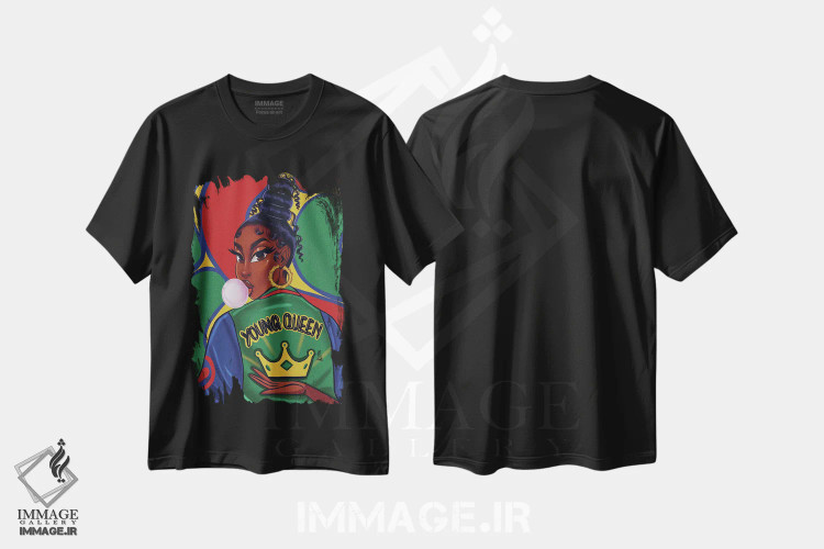 تیشرت مشکی طرح دار ملکهٔ جوان، هنر آمریکایی آفریقایی تبار اثر استر لا مین دور | immage.ir