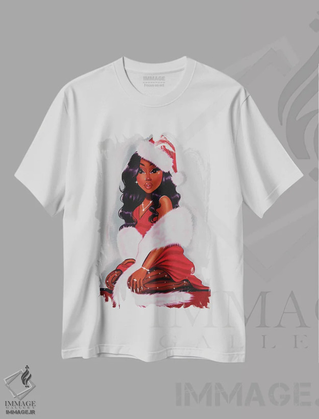 تیشرت سفید طرح دار دختر دسامبری، هنر آمریکایی آفریقایی تبار اثر استر لا مین دور | فروشگاه ایماژ