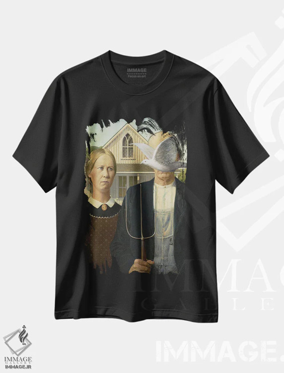 تیشرت مشکی طرح دار یک زوج آمریکایی و یک پرنده، هنر دیجیتال اثر آرت اله | immage.ir