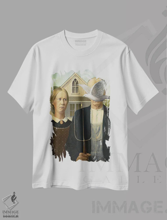 تیشرت سفید طرح دار یک زوج آمریکایی و یک پرنده، هنر دیجیتال اثر آرت اله | فروشگاه ایماژ