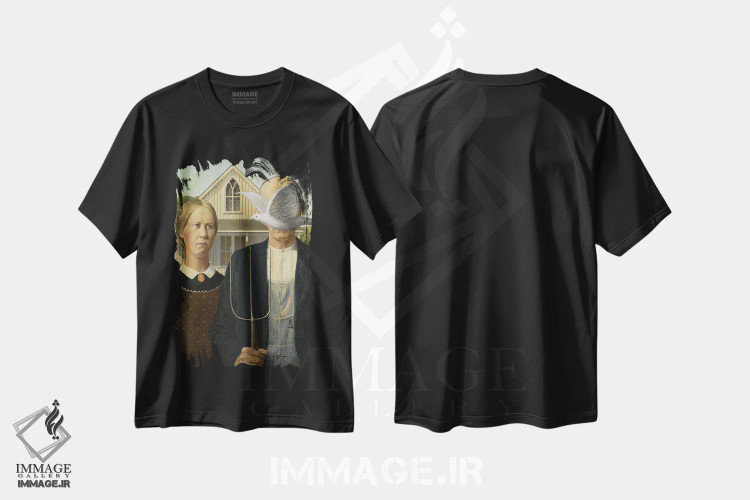 تیشرت مشکی طرح دار یک زوج آمریکایی و یک پرنده، هنر دیجیتال اثر آرت اله | immage.ir