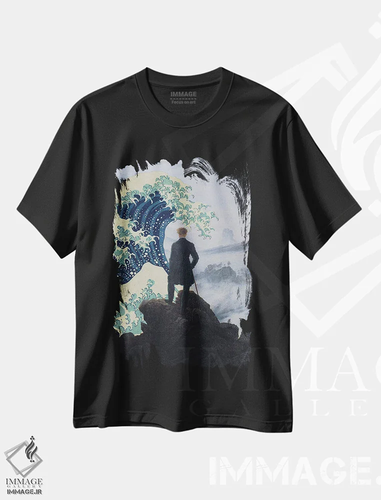 تیشرت مشکی طرح دار مرد و دریا، هنر دیجیتال اثر آرت اله | فروشگاه ایماژ