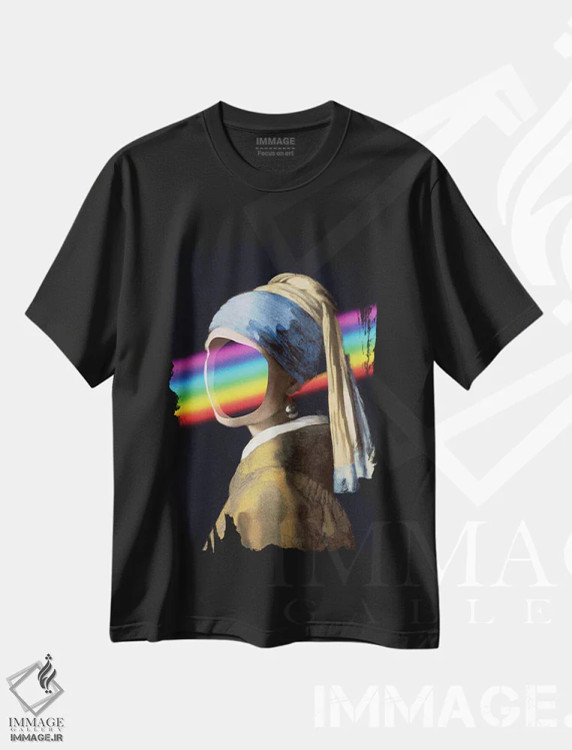 تیشرت مشکی طرح دار دختر با رنگین کمان، هنر دیجیتال اثر آرت اله | فروشگاه ایماژ