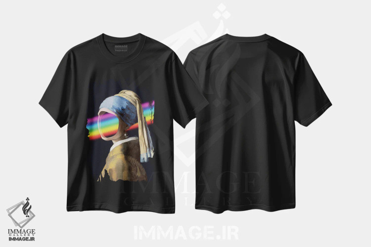 تیشرت مشکی طرح دار دختر با رنگین کمان، هنر دیجیتال اثر آرت اله | فروشگاه ایماژ