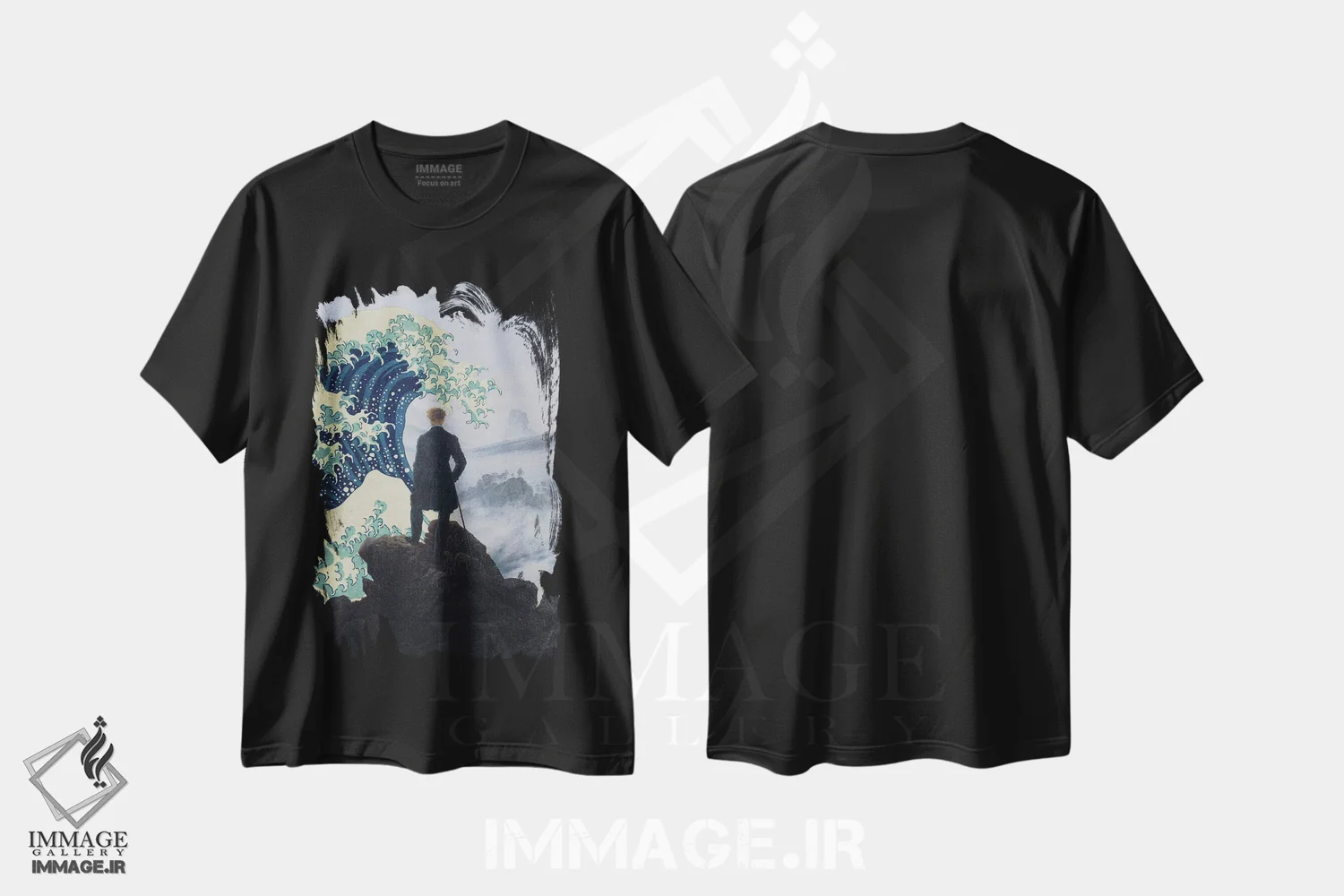 تیشرت مشکی طرح دار مرد و دریا، هنر دیجیتال اثر آرت اله | فروشگاه ایماژ