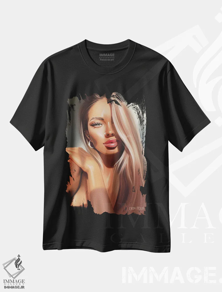 تیشرت مشکی طرح دار نقاشی پرتره شگفت انگیز، هنر دیجیتال اثر ارین فلیس | فروشگاه ایماژ