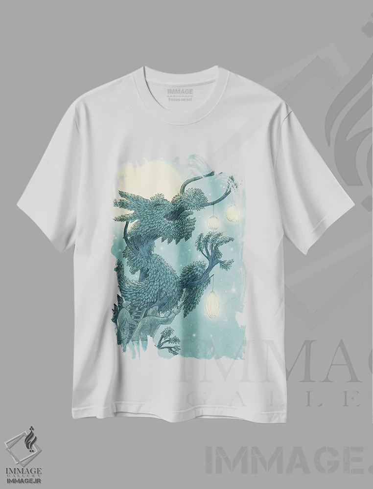 تیشرت سفید طرح دار چیدمان درخت اژدها در شب، دکور آسیایی اثر اریک فن | فروشگاه ایماژ