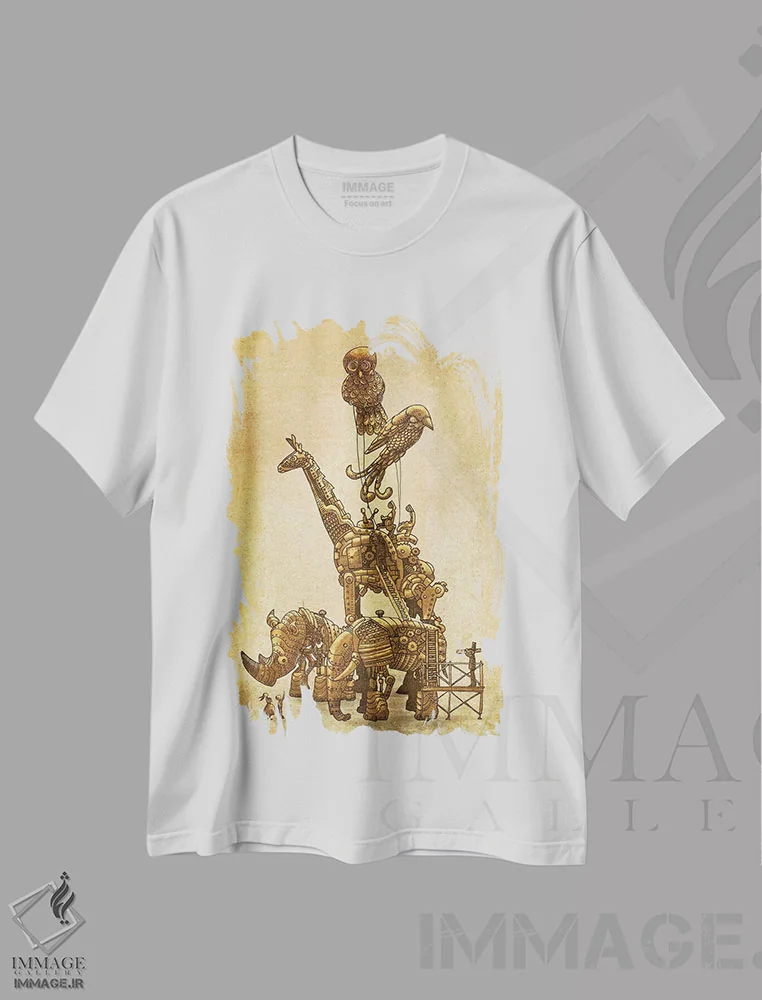 تیشرت سفید طرح دار باغ وحش مکانیکی اثر اریک فن | فروشگاه ایماژ