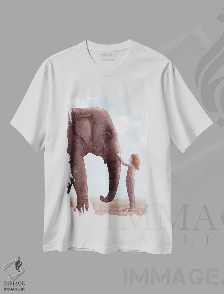 تیشرت سفید طرح دار یک فیل شگفت انگیز دو اثر اریک فن | فروشگاه ایماژ