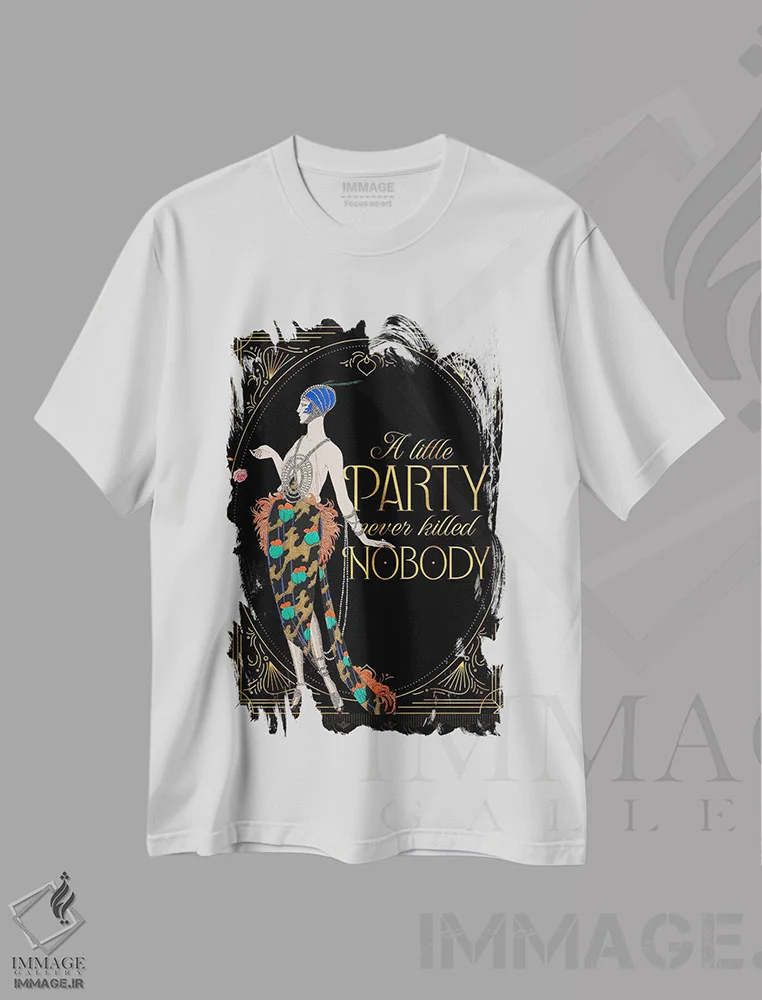 تیشرت سفید طرح دار کمی جشن هیچ کس را آزار نمی دهد، آرت دکو اثر امی فاکس دیزاینز | فروشگاه ایماژ