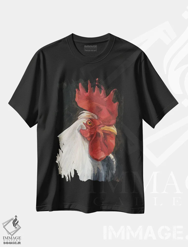 تیشرت مشکی طرح دار پرتره خروس I، دکور روستایی اثر اتان هارپر | فروشگاه ایماژ