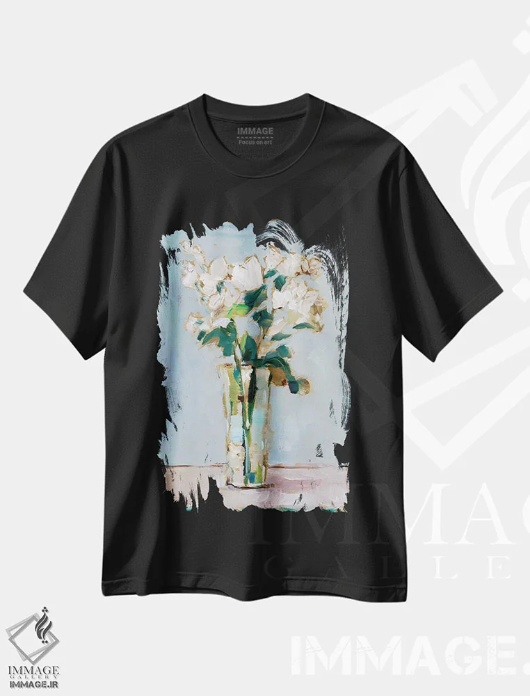 تیشرت مشکی طرح دار چیدمان گل سفید I، تزئینی اثر اتان هارپر | فروشگاه ایماژ