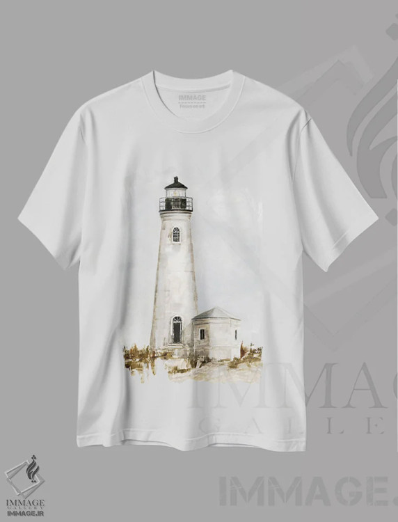 تیشرت سفید طرح دار فانوس دریایی روستایی I، تزئینی اثر اتان هارپر | فروشگاه ایماژ