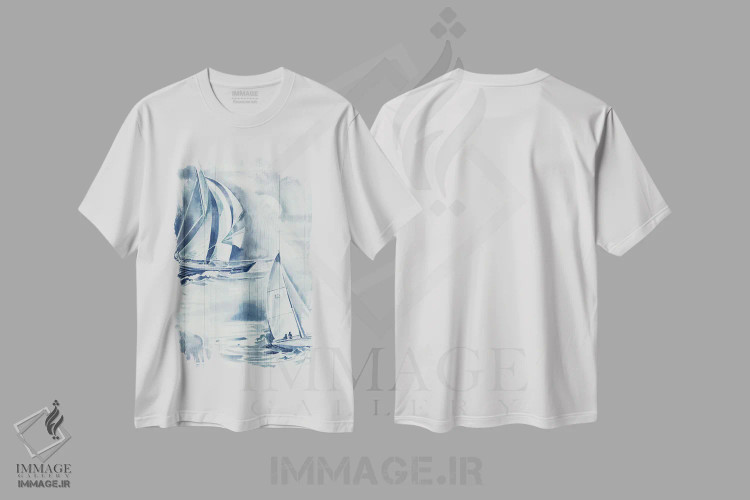 تیشرت سفید طرح دار زندگی دریایی قدیمی آبی، دکور ساحلی اثر الی جونز | فروشگاه ایماژ