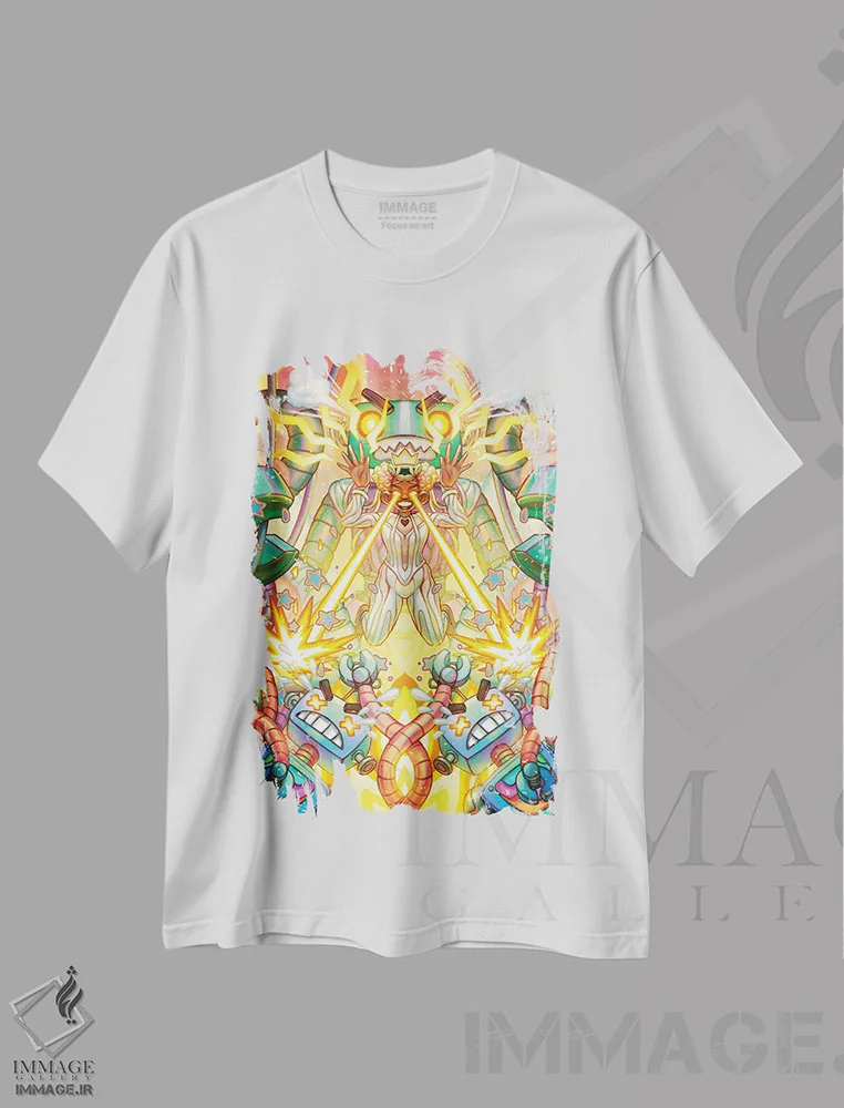 تیشرت سفید طرح دار ربات ها علیه اندرویدها، هنر آمریکایی آفریقایی تبار اثر اجیوا ابنبه | فروشگاه ایماژ