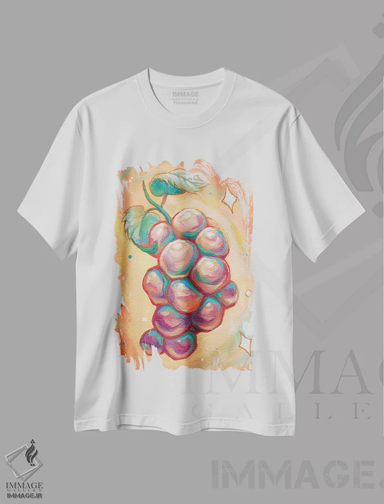 تیشرت سفید طرح دار انگورهای کیهانی، دکوراسیون جایگزین اثر اجیوا ابنبه | فروشگاه ایماژ