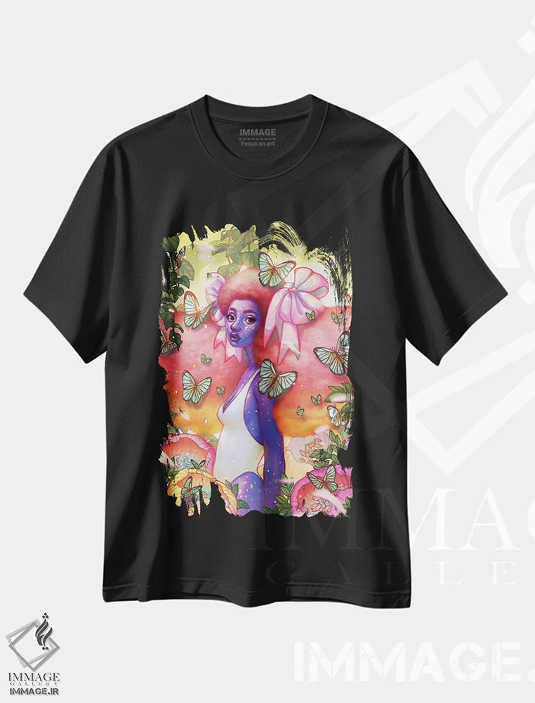 تیشرت مشکی طرح دار تور پروانه، هنر آمریکایی آفریقایی تبار اثر اجیوا ابنبه | فروشگاه ایماژ