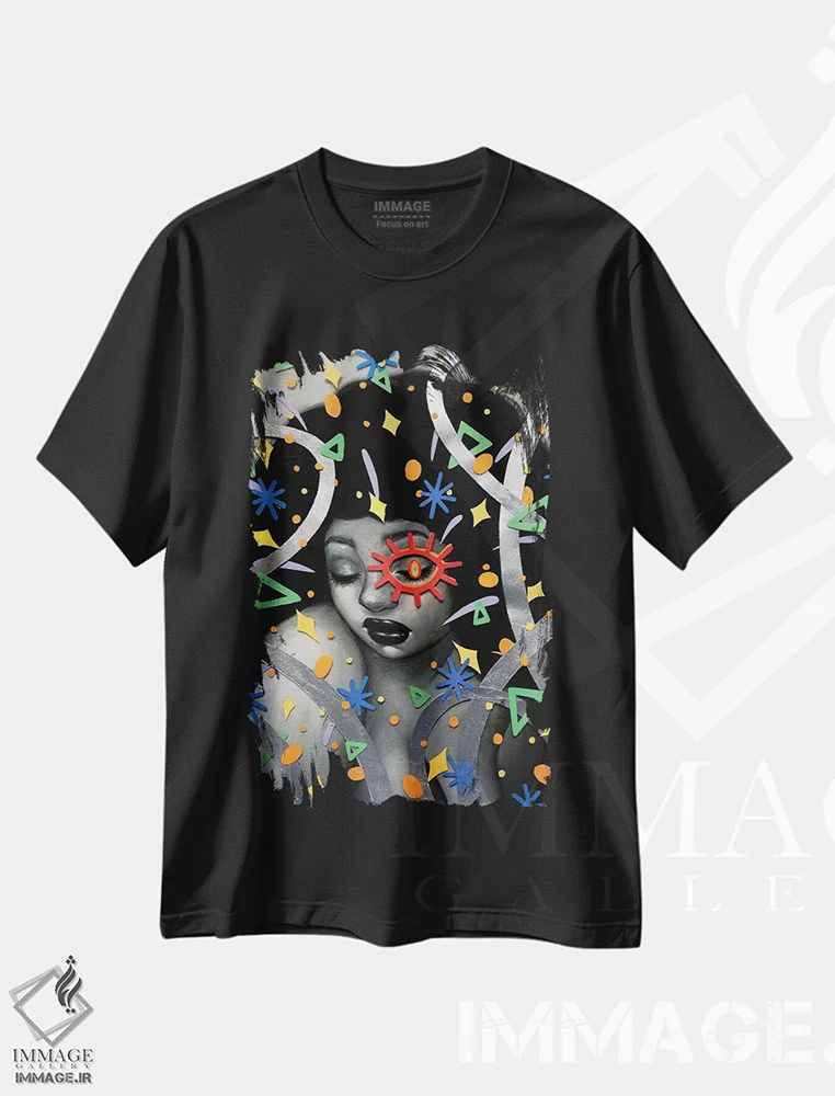تیشرت مشکی طرح دار زیاد زل نزنید، هنر آمریکایی آفریقایی تبار اثر اجیوا ابنبه | immage.ir