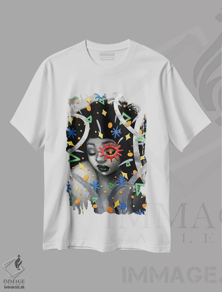 تیشرت سفید طرح دار زیاد زل نزنید، هنر آمریکایی آفریقایی تبار اثر اجیوا ابنبه | فروشگاه ایماژ