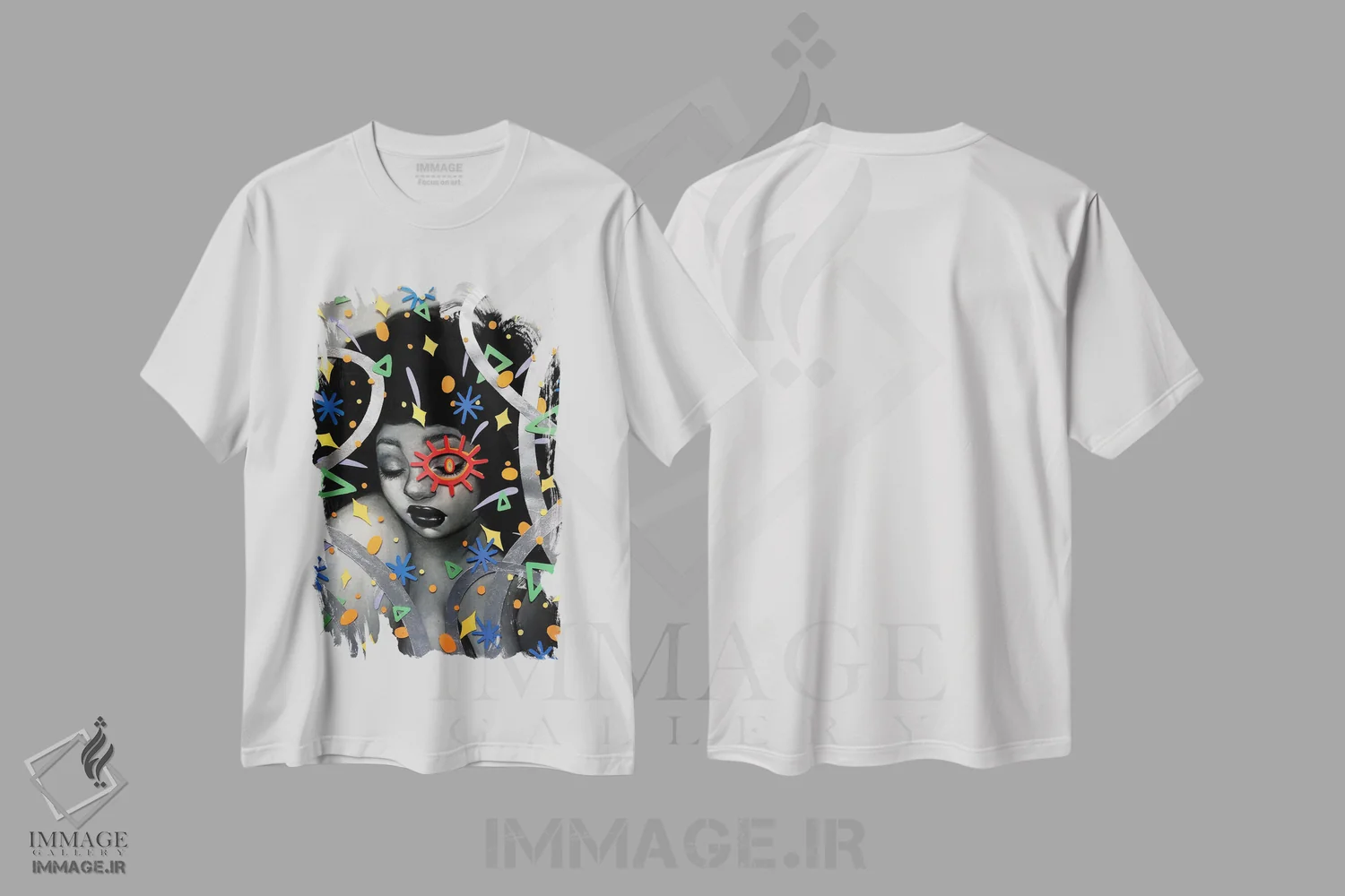 تیشرت سفید طرح دار زیاد زل نزنید، هنر آمریکایی آفریقایی تبار اثر اجیوا ابنبه | فروشگاه ایماژ