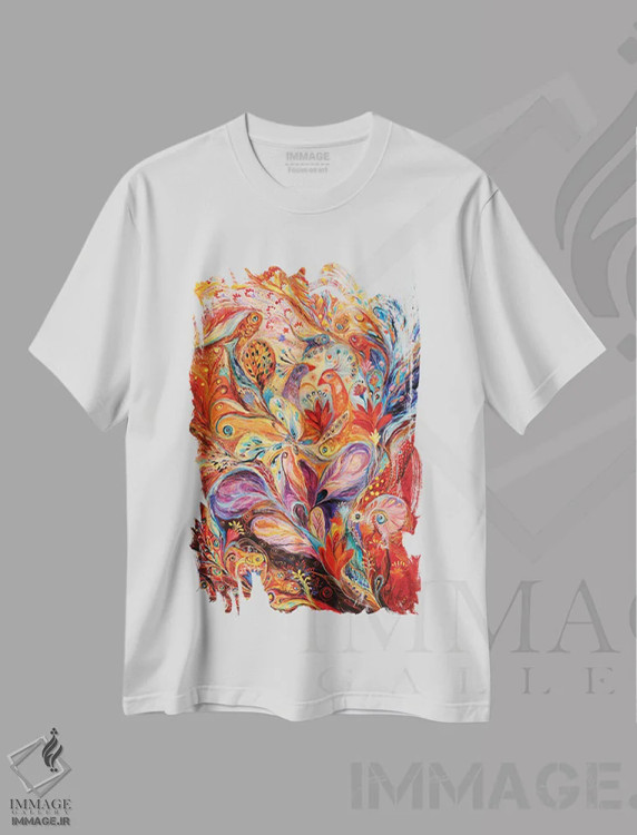 تیشرت سفید طرح دار داستان زنبق وحشی، آبستره اثر النا کوتلیارکر | فروشگاه ایماژ