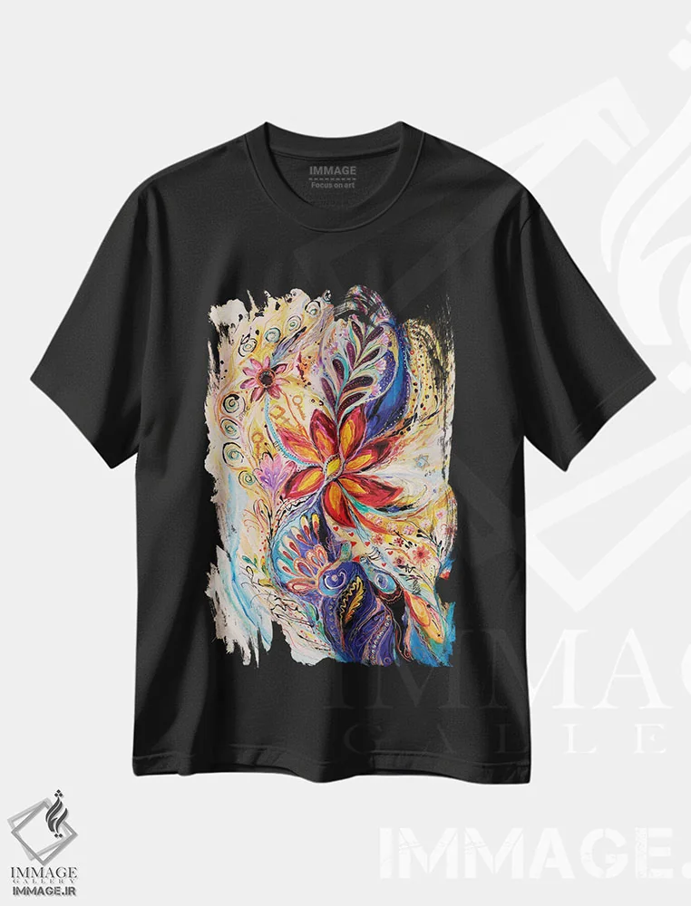 تیشرت مشکی طرح دار پاشیدن زندگی V، آبستره اثر النا کوتلیارکر | فروشگاه ایماژ