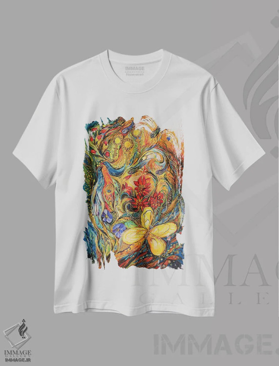 تیشرت سفید طرح دار گل های سرزمین مقدس، آبستره اثر النا کوتلیارکر | فروشگاه ایماژ