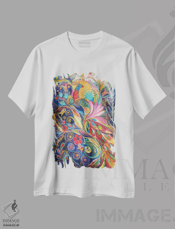 تیشرت سفید طرح دار پرنده شاهی، آبستره اثر النا کوتلیارکر | immage.ir